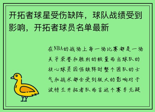 开拓者球星受伤缺阵，球队战绩受到影响，开拓者球员名单最新