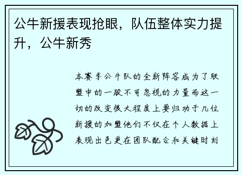 公牛新援表现抢眼，队伍整体实力提升，公牛新秀